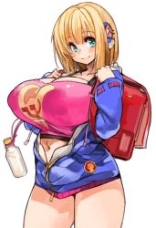 Rule 34 | 1girl, backpack, bag, blonde hair, borrowed character, breasts, closed mouth, cowboy shot, hair ornament, huge breasts, impossible clothes, looking at viewer, midriff, navel, no pants, original, sachito, short hair, smile, solo, white background