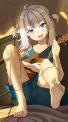 Rule 34 | 1girl, :d, absurdres, ahoge, bare legs, barefoot, blue eyes, feet, gawr gura, guitar, head tilt, highres, hololive, hololive english, instrument, jedd (jeddisorange), light blush, long hair, looking at viewer, open mouth, sharp teeth, short twintails, shorts, sitting, smile, soles, solo, teeth, toe scrunch, toes, twintails, ukulele, virtual youtuber