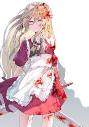 Rule 34 | 1girl, apron, black ribbon, blonde hair, blood, blood in hair, blood on clothes, blood on face, bloody weapon, closed mouth, commentary request, dress, dual wielding, feet out of frame, highres, holding, holding sword, holding weapon, long hair, looking at viewer, maid apron, maid headdress, muraryo, neck ribbon, puffy short sleeves, puffy sleeves, red dress, ribbon, short sleeves, solo, sword, touhou, touhou (pc-98), weapon, white apron, yellow eyes, yumeko (touhou)