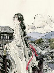 Rule 34 | 1girl, absurdres, architecture, black hair, building, chichi chichi, cloud, dress, east asian architecture, fence, forest, hair rings, hair strand, highres, long hair, long sleeves, looking back, mountain, nature, open mouth, original, painting (medium), ponytail, solo, traditional media, upper body, white dress