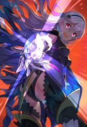 Rule 34 | 1girl, armor, ass, black armor, black hairband, black legwear, black leotard, blue cape, breasts, cape, corrin (female) (fire emblem), corrin (fire emblem), fire emblem, fire emblem fates, floating hair, from behind, from below, gauntlets, hairband, leotard, long hair, looking at viewer, medium breasts, nintendo, open mouth, panda inu, red background, red eyes, silver hair, solo, thighs, torn cape, torn clothes, very long hair