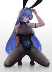 Rule 34 | 1girl, animal ears, arm up, armband, armpits, azur lane, bare shoulders, blue eyes, blue hair, breasts, cleavage, collarbone, covered navel, d.sum, fake animal ears, hair intakes, halterneck, highres, kneeling, large breasts, leotard, looking at viewer, necktie, new jersey (azur lane), new jersey (exhilarating steps!) (azur lane), official alternate costume, pantyhose, playboy bunny, rabbit ears, see-through, see-through cleavage, solo, spread legs