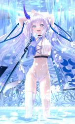 Rule 34 | 1girl, :d, absurdres, aritsuno, arms behind head, arms up, bikini, bikini bottom only, blue eyes, breasts, bright pupils, cleavage, clothes writing, crop top, grey hair, highres, horns, long hair, looking at viewer, navel, open mouth, original, see-through, short sleeves, single horn, single thighhigh, smile, standing, stomach, swimsuit, thighhighs, twintails, very long hair, wading, water, wet, white bikini, white thighhighs, wide sleeves