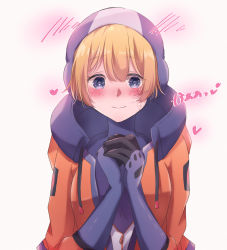 Rule 34 | 1girl, animification, apex legends, blonde hair, blue eyes, blue gloves, blush, bodysuit, breasts, drawstring, gloves, heart, highres, hood, hood up, jacket, looking at viewer, medium breasts, orange jacket, own hands together, sa10yul, smile, solo, upper body, wattson (apex legends), white background
