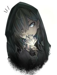 Rule 34 | 1girl, arknights, black gloves, black hair, black nails, blue eyes, commentary request, dark-skinned female, dark skin, fingerless gloves, flint (arknights), flower, gloves, highres, holding, holding flower, hood, hood up, long hair, looking at viewer, milaria, nail polish, neck tattoo, notice lines, one eye closed, simple background, smile, solo, tattoo, white background