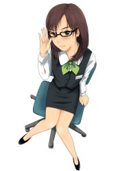 Rule 34 | 1girl, adjusting eyewear, bad id, bad pixiv id, blush, brown eyes, brown hair, chair, dress shirt, formal, from above, full body, glasses, legs, long hair, miniskirt, munakata (hisahige), office lady, original, pencil skirt, shirt, sitting, skirt, skirt suit, smile, solo, suit, vest