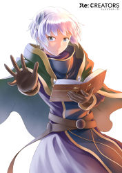 Rule 34 | 1girl, absurdres, bad hand, blue eyes, book, brown gloves, cape, copyright name, gloves, green cape, hair ornament, highres, kanogawa hiro, looking at viewer, meteora osterreich, open book, re:creators, short hair, solo, standing, white hair