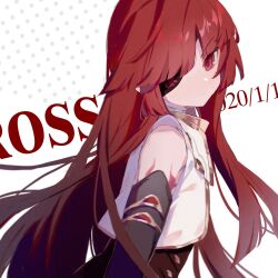 Rule 34 | 1boy, black gloves, character name, dated, elbow gloves, elsword, expressionless, eyepatch, film grain, gloves, highres, long hair, looking at viewer, male focus, pointy ears, red eyes, red hair, rosso (elsword), simple background, solo, text background, trap, upper body, vest, white background, white vest, wmikawa