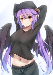 Rule 34 | 1girl, arms behind head, arms up, black hat, black shirt, black shorts, breasts, closed mouth, crop top, crop top overhang, feathered wings, groin, hat, highres, horns, long hair, long sleeves, looking at viewer, medium breasts, midriff, navel, orange eyes, original, purple hair, shirt, shorts, simple background, smile, solo, stomach, umou (may65879), upper body, very long hair, white background, wings