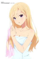 1girl absurdres ayase_saki bare_arms blonde_hair breasts cleavage collarbone gimai_seikatsu hair_between_eyes highres looking_at_viewer magazine_scan megami_magazine naked_towel official_art open_mouth purple_eyes purple_towel scan simple_background small_breasts solo standing towel upper_body wet white_background white_towel
