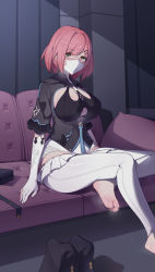 Rule 34 | 1girl, absurdres, barefoot, bob cut, boots, breasts, brown eyes, couch, feet, highres, honkai (series), honkai impact 3rd, large breasts, looking at viewer, mask, medium hair, neprbq, pink hair, shoes, sitting, soles, steam, thighs, timido cute, toes, unworn boots, unworn shoes