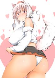 Rule 34 | 1girl, animal ears, ass, bare shoulders, black skirt, blush, breasts, cowboy shot, detached sleeves, covered erect nipples, fat, from behind, hat, heart, heart background, highres, huge breasts, inubashiri momiji, long sleeves, looking at viewer, looking back, microskirt, panties, pantyshot, parted lips, plump, shishi juuroku, short hair, skirt, solo, standing, tail, thick eyebrows, thick thighs, thighs, tokin hat, touhou, underwear, white hair, white panties, wolf ears, wolf tail