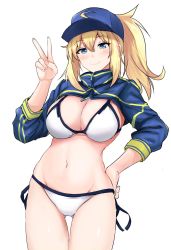 Rule 34 | 1girl, ahoge, artoria pendragon (fate), baseball cap, bikini, blonde hair, blue eyes, blue hat, blue jacket, blush, breasts, closed mouth, commentary request, cropped jacket, fate/grand order, fate (series), hair between eyes, hair through headwear, hand on own hip, hand up, hat, highres, jacket, looking at viewer, medium breasts, medium hair, mysterious heroine x (fate), mysterious heroine xx (fate), ponytail, poshi (ginmokusei), shrug (clothing), side-tie bikini bottom, simple background, smile, solo, swimsuit, v, white background, white bikini