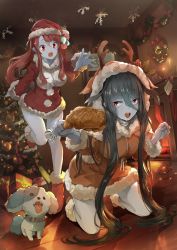 Rule 34 | 10s, 2girls, ahoge, animal costume, antlers, aqua sau, black hair, blue skin, bow, breasts, candle, chicken (food), chicken leg, christmas, christmas tree, collar, colored skin, dog, drooling, fire, fireplace, food, fur trim, gift, hair ornament, hat, highres, horns, large breasts, long hair, minamoto sakura, multiple girls, open mouth, polka dot, polka dot bow, red eyes, red hair, reindeer antlers, reindeer costume, romero (zombie land saga), santa costume, santa hat, scar, scar on face, scar on forehead, snowflakes, snowing, spiked collar, spikes, stitches, very long hair, window, yamada tae, zombie, zombie land saga