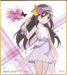 Rule 34 | 1girl, 2016, akemi homura, alternate costume, alternate headwear, aniplex, arm at side, armpit peek, artist request, bare arms, bare legs, bare shoulders, black hair, blush, bug, butterfly, character name, closed mouth, collared dress, copyright name, daisy, dot nose, dress, flat chest, floating hair, flower, hair flower, hair ornament, hairband, hand up, happy, highres, insect, jitome, leaf, legs together, long hair, looking at viewer, mahou shoujo madoka magica, mahou shoujo madoka magica (anime), official art, orange flower, plaid, plaid hairband, plaid ribbon, polka dot, polka dot background, purple eyes, purple flower, purple hairband, purple ribbon, purple rose, purple theme, ribbon, rose, see-through, see-through skirt, shiny skin, short dress, shoulder blush, skirt, sleeveless, sleeveless dress, smile, solo, standing, straight hair, striped, striped background, white background, white dress, white flower, wrist ribbon, yellow flower
