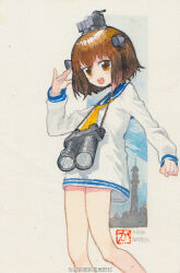 Rule 34 | 1girl, binoculars, brown eyes, brown hair, dress, feet out of frame, headgear, highres, kaede (shijie heping), kantai collection, looking at viewer, neckerchief, open mouth, photo (medium), sailor collar, sailor dress, salute, short hair, smile, solo, speaking tube headset, teeth, traditional media, upper teeth only, yellow neckerchief, yukikaze (kancolle)