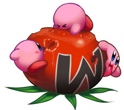 Rule 34 | &gt; &lt;, blue eyes, blush stickers, clone, eating, closed eyes, food, food focus, food on face, kirby, kirby (series), nintendo, pink theme, tomato, triple-q