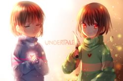 Rule 34 | androgynous, artist name, blush, brown hair, chara (undertale), closed eyes, copyright name, dark persona, evil smile, flower, frisk (undertale), gender request, glowing, hands on own chest, heart, highres, knife, long sleeves, parted lips, petals, red eyes, sasucchi95, sleeves past wrists, smile, spoilers, striped clothes, striped sweater, sweater, teeth, turtleneck, undertale, upper body