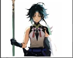 Rule 34 | 1boy, arm tattoo, bead necklace, beads, black gloves, black hair, border, detached sleeves, facial mark, forehead mark, genshin impact, gloves, green hair, holding, holding polearm, holding weapon, hwan (mob hwan), jewelry, male focus, multicolored hair, necklace, polearm, simple background, single detached sleeve, sketch, solo, tassel, tattoo, upper body, weapon, white background, xiao (genshin impact), yellow eyes