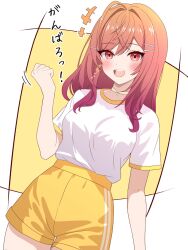 Rule 34 | 1girl, breasts, earrings, fist pump, gym uniform, hair ornament, hairclip, highres, hololive, hololive dev is, ichijou ririka, jewelry, kuchitani, large breasts, long hair, open mouth, orange eyes, orange hair, shirt, shorts, single earring, smile, teeth, translated, upper teeth only, virtual youtuber, white shirt, yellow background, yellow shorts