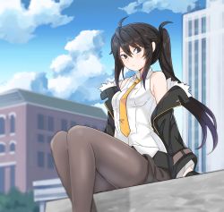 Rule 34 | 1girl, ahoge, bare shoulders, black hair, black jacket, blue eyes, blurry, breasts, brown pantyhose, brown shorts, closed mouth, closers, cloud, collared shirt, commentary request, day, depth of field, feet out of frame, fur trim, genderswap, genderswap (mtf), hand up, highres, jacket, kumarang, long hair, long sleeves, looking at viewer, medium breasts, necktie, off shoulder, open clothes, open jacket, outdoors, pantyhose, ponytail, seha lee, seri lee, shirt, short shorts, shorts, sidelocks, sitting, sky, sleeveless, sleeveless shirt, solo, white shirt