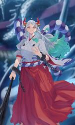 Rule 34 | 1girl, ahoge, blurry, blurry background, breasts, broken, broken chain, chain, closed mouth, commentary, cuffs, curled horns, earrings, eyelashes, feet out of frame, green hair, hair ornament, hair stick, hakama, highres, hoop earrings, horns, japanese clothes, jewelry, kimono, long hair, looking at viewer, medium breasts, multicolored hair, one piece, oni horns, orange eyes, ozido, red hakama, red skirt, rope, shackles, shimenawa, sidelocks, skirt, solo, standing, two-tone hair, v-shaped eyebrows, white hair, white kimono, wide sleeves, wind, yamato (one piece)