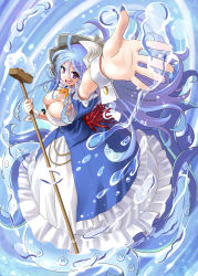 Rule 34 | 1girl, arm up, blue hair, breasts, bubble, cleavage, dress, hat, katahira masashi, large breasts, long hair, looking at viewer, monster girl, open mouth, original, purple eyes, scylla, solo, very long hair, water, wrist cuffs