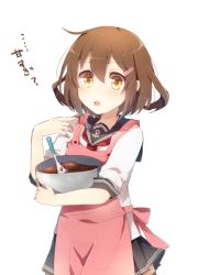 Rule 34 | 10s, 1girl, anchor symbol, apron, black skirt, brown eyes, brown hair, hair between eyes, hair ornament, hairclip, harusawa, ikazuchi (kancolle), kantai collection, neckerchief, pink apron, pleated skirt, red neckerchief, school uniform, serafuku, short hair, simple background, skirt, sleeves rolled up, solo, translation request, white background