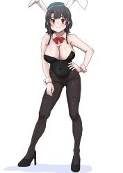 Rule 34 | 1girl, absurdres, animal ears, bare shoulders, beret, black hair, black leotard, blue hat, blush, breasts, cleavage, covered navel, detached collar, fake animal ears, hat, highleg, highleg leotard, highres, kantai collection, kumasyan1998, large breasts, leotard, looking at viewer, pantyhose, playboy bunny, rabbit ears, red eyes, short hair, smile, solo, strapless, strapless leotard, takao (kancolle), wrist cuffs