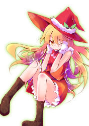 Rule 34 | 1girl, amano chiharu, blonde hair, boots, christmas, female focus, hands on own cheeks, hands on own face, hat, kirisame marisa, long hair, mittens, one eye closed, santa costume, smile, solo, touhou, witch, witch hat, yellow eyes