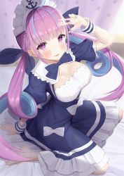 Rule 34 | 1girl, :d, ahoge, anchor symbol, barefoot, blue hair, blush, braid, breasts, cleavage, colored inner hair, french braid, highres, hololive, large breasts, looking at viewer, maid, maid headdress, applying manicure, minato aqua, minato aqua (1st costume), multicolored hair, nail polish, nyaa28, open mouth, pink hair, purple eyes, sitting, smile, solo, twintails, two-tone hair, virtual youtuber, wrist cuffs