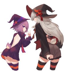 Rule 34 | 2girls, back cutout, bad link, blush, chorefuji, clothing cutout, commentary request, dress, eyelashes, grey hair, hand up, hat, hat ribbon, highres, leaning forward, long hair, long sleeves, looking at viewer, looking back, multiple girls, original, purple dress, purple eyes, purple hair, purple thighhighs, red ribbon, ribbon, short hair, simple background, striped clothes, striped thighhighs, sweatdrop, tail, thighhighs, white background, witch hat