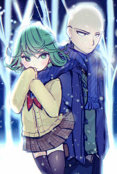 Rule 34 | 1boy, 1girl, bald, black thighhighs, blue coat, blue pants, blue scarf, blush, brown skirt, cardigan, closed mouth, coat, commentary request, diagonal stripes, fringe trim, green eyes, green hair, green sweater, hair between eyes, long hair, long sleeves, maodouzi, neckerchief, one-punch man, outdoors, pants, plaid, plaid skirt, pleated skirt, red neckerchief, saitama (one-punch man), scarf, school uniform, skirt, sleeves past fingers, sleeves past wrists, snow, snowing, striped clothes, striped scarf, sweater, tatsumaki, thighhighs