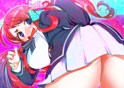 Rule 34 | 1girl, ahoge, ass, bent over, blue eyes, blush, bow, breasts, hair bow, hakkasame, large breasts, long hair, long sleeves, looking back, minamoto sakura, open mouth, pleated skirt, red hair, school uniform, skirt, solo, teeth, thighs, tongue, upper teeth only, zombie land saga