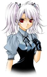 Rule 34 | 1girl, albino, black gloves, dress, gloves, kouga yun, looking at viewer, original, red eyes, saba (sio), solo, twintails, white hair