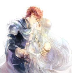 Rule 34 | 1boy, 1girl, armor, black jacket, blue eyes, brown hair, closed mouth, couple, detached sleeves, eliwood (fire emblem), eye contact, fire emblem, fire emblem: the blazing blade, floating hair, hetero, holding hands, imminent kiss, jacket, kuzumosu, long hair, long sleeves, looking at another, ninian (fire emblem), nintendo, red eyes, short hair, shoulder armor, silver hair, simple background, very long hair, white background, white sleeves