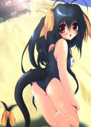 Rule 34 | 1girl, arc system works, ass, beach, black one-piece swimsuit, blue hair, dizzy (guilty gear), guilty gear, hair ribbon, long hair, looking back, name tag, odagiri sakura, one-piece swimsuit, open mouth, red eyes, ribbon, school swimsuit, shore, smile, solo, swimsuit, tail