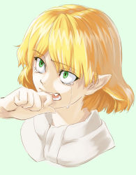 Rule 34 | 1girl, biting, blonde hair, close-up, constricted pupils, fangs, female focus, finger biting, green eyes, mizuhashi parsee, pointy ears, portrait, shiba itsuki, simple background, solo, tears, touhou, white background