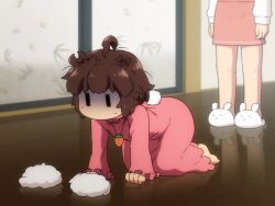 Rule 34 | 2girls, ahoge, all fours, arms at sides, barefoot, brown hair, carrot, carrot necklace, clothing cutout, commentary, inaba tewi, indoors, jewelry, long sleeves, looking at object, multiple girls, necklace, nervous sweating, rabbit tail, reisen udongein inaba, shirosato, short hair, skirt, solo focus, standing, sweat, symbol-only commentary, tail, tail through clothes, touhou, turn pale, wooden floor, | |