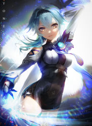 Rule 34 | 1girl, absurdres, arm behind head, arm up, artist name, black gloves, black hairband, black leotard, blue hair, blue necktie, breasts, cape, commentary, cowboy shot, eula (genshin impact), genshin impact, gloves, hairband, highres, holding, holding sword, holding weapon, leotard, long hair, long sleeves, looking at viewer, magic, medium breasts, necktie, parted lips, smile, solo, standing, sword, vision (genshin impact), weapon, wide sleeves, yellow eyes, yonesdraws