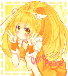 Rule 34 | 10s, 1girl, absurdres, blonde hair, bow, character name, choker, cure peace, double v, dress, hair flaps, highres, kise yayoi, long hair, magical girl, ponytail, precure, skirt, smile precure!, solo, tenmii (transparent), tiara, v, wrist cuffs, yellow bow, yellow dress, yellow eyes, yellow skirt, yellow theme