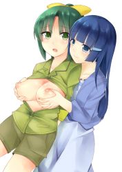 Rule 34 | 10s, 2girls, aoki reika, bad id, bad pixiv id, blue eyes, blue hair, bow, grabbing another&#039;s breast, breasts, breasts out, eyelashes, grabbing, green eyes, green hair, green shirt, hair bow, hair ornament, hairclip, large breasts, long hair, midorikawa nao, multiple girls, nipples, open clothes, ponytail, precure, shirt, shorts, smile precure!, white background, yoshida project