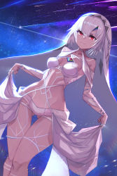 Rule 34 | 1girl, altera (fate), bare shoulders, blush, breasts, collarbone, dark-skinned female, dark skin, dawito, fate/extella, fate/extra, fate/grand order, fate (series), full-body tattoo, highres, looking at viewer, medium breasts, navel, red eyes, solo, tattoo, thighs, veil, white hair