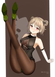 Rule 34 | 1girl, absurdres, artist name, black pantyhose, blush, breasts, character name, closed mouth, covered erect nipples, cross, cross earrings, crossed legs, double bun, earrings, elbow gloves, girls&#039; frontline, gloves, green footwear, hair bun, hands on floor, high heels, highres, jewelry, legs up, light brown hair, looking at viewer, medium breasts, medium hair, on floor, p90 (girls&#039; frontline), pantyhose, red eyes, simple background, solo, tongue, tongue out, white gloves, xue shiming