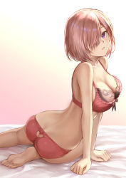 Rule 34 | 1girl, alternate costume, arched back, back, barefoot, blush, bra, breasts, cleavage, clothing cutout, fate/grand order, fate (series), feet, gradient background, hair over one eye, heart cutout, highres, large breasts, lingerie, looking at viewer, mash kyrielight, mashuu (neko no oyashiro), panties, parted lips, pink hair, purple eyes, red bra, red panties, scleavage, sitting, solo, underwear, underwear only, yokozuwari
