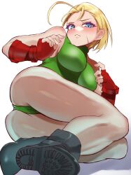 Rule 34 | ass, bare shoulders, blonde hair, blue eyes, blush, boots, breasts, cammy white, fingerless gloves, gloves, highres, large breasts, leotard, sato one1, short hair, sleeveless, street fighter, street fighter 6