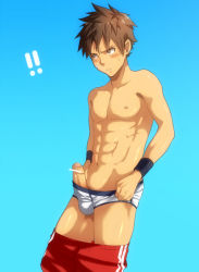 Rule 34 | !, !!, 1boy, abs, blush, censored, erection, male focus, penis, pointless censoring, solo, underwear, wristband