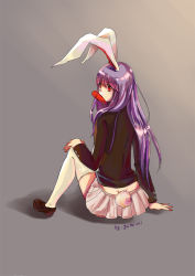 Rule 34 | 1girl, animal ears, butt crack, carrot, erzihua guimao, female focus, jacket, long hair, mouth hold, purple hair, rabbit ears, rabbit tail, red eyes, reisen udongein inaba, simple background, sitting, skirt, solo, tail, thighhighs, touhou, white thighhighs