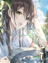 Rule 34 | 1girl, a maru, artist name, blurry, brown hair, collared shirt, commentary request, drinking fountain, eyelashes, glint, green eyes, hair between eyes, hand up, highres, leaf, long hair, looking at viewer, looking to the side, open mouth, original, shirt, short sleeves, sparkle, summer, teeth, tongue, water, water drop, watermark, white shirt