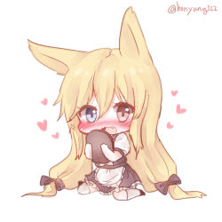 Rule 34 | 1girl, animal ears, apron, bad id, bad pixiv id, black bow, blonde hair, blue eyes, blush, bow, chibi, commission, dress, fang, fox ears, g41 (girls&#039; frontline), girls&#039; frontline, hair between eyes, hair bow, heart, heterochromia, highres, holding, holding tray, honyang, kneehighs, long hair, looking at viewer, low twintails, maid, nose blush, open mouth, red eyes, short sleeves, sidelocks, simple background, sitting, socks, solo, tray, twintails, twitter username, waist apron, wariza, white apron, white background, white socks